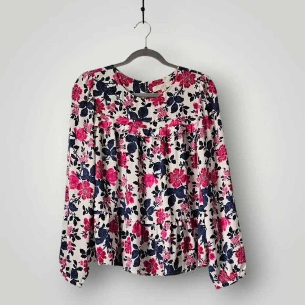 LOFT Blouse Multicolor Floral Long sleeve  peplum pullover top Medium